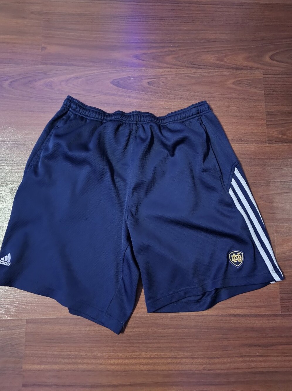 Notre Dame adidas Navy Blue Athletic Shorts with White Side Stripes